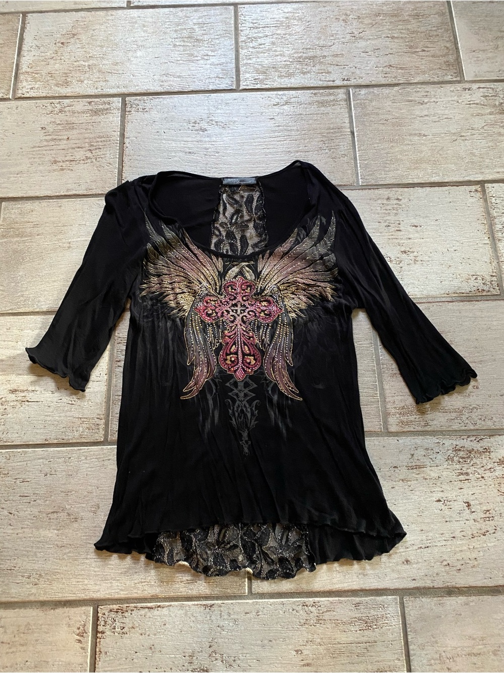 Black Women's Winged Cross Embellished 3/4 Sleeve Top Size Large